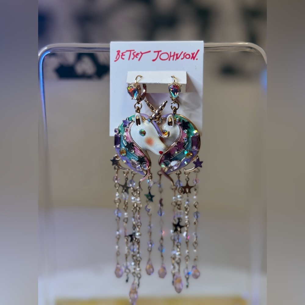 Betsey Johnson Iridescent Unicorn Heart Chandelier Earrings